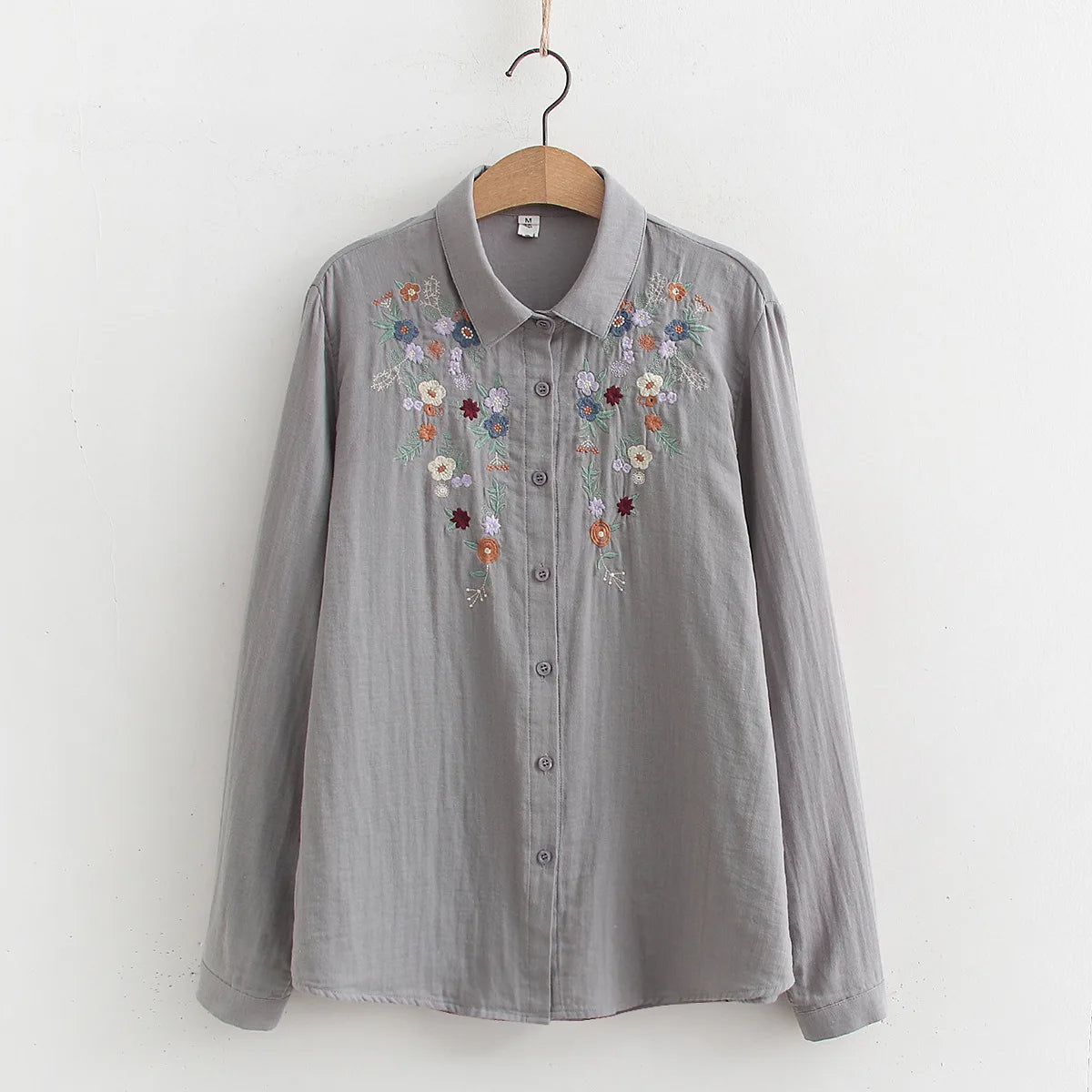 Spring Double 100% Cotton Yarn Shirts Women Turn-down Collar Loose Tops Girl Long Sleeve Embroidery Blouses Autumn