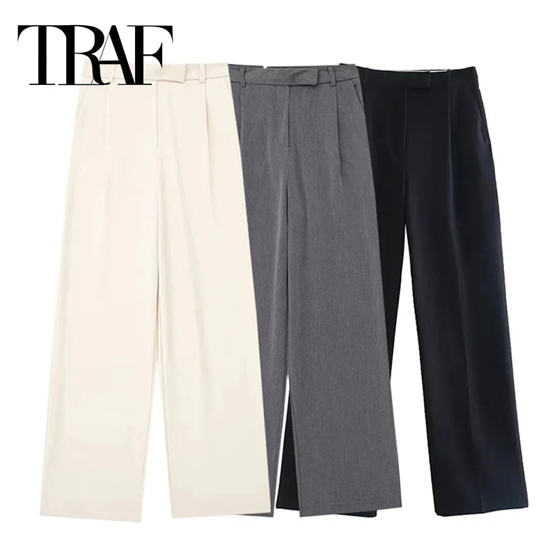 TRAF Women's Pants Beige Grey Black Wide Leg Pants Women High Waist Baggy Pants Woman Fashion Summer Office Trousers