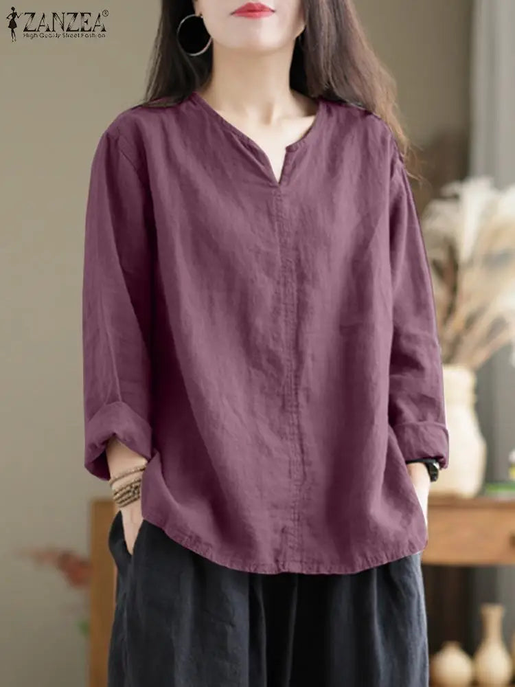 Vintage Women's Blouse Autumn Long Sleeve Shirt Female V Neck Work Holiday Blusas Casual Solid Loose Shirt Cotton Chemise