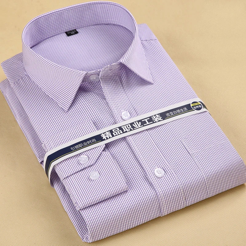 Men's Top Quality Dress Shirts Long Sleeve Slim Fit Solid Striped Business Formal White Shirt Male Social Clothing