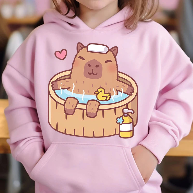 Cute Capybara Loves Bubble Tea kids hoodie pink plus velvet sweater autumn and winter tops for girls