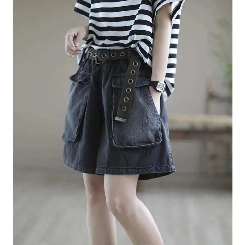 Women's Elastic Waist Sashes Solid Denim Shorts Summer New Korean Casual Fashion All-match Loose Pockets Wide Leg Trouser Skirts