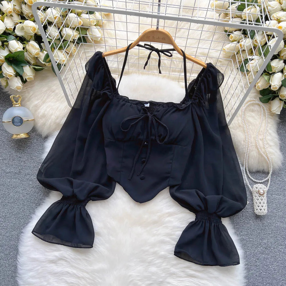 SINGREINY Flare Sleeve Women Tops Ruffle Solid Elastic Waist Halter Backless Chiffon Slim Ladies Harajuku Sexy Short Blouse