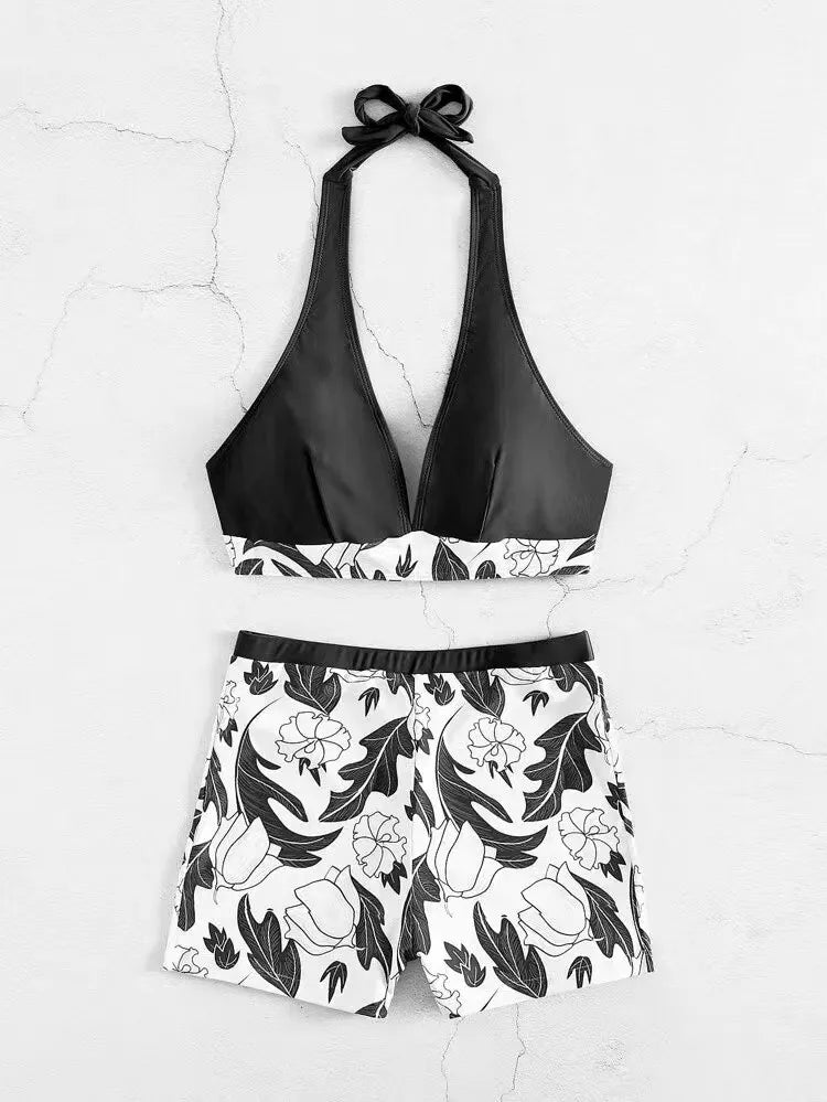 Halter Bikini Set Short Swimsuit Women High Waist Swimwear Female Printed Bathers Swimming Bathing Swim Suit Beachwear