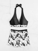 Halter Bikini Set Short Swimsuit Women High Waist Swimwear Female Printed Bathers Swimming Bathing Swim Suit Beachwear