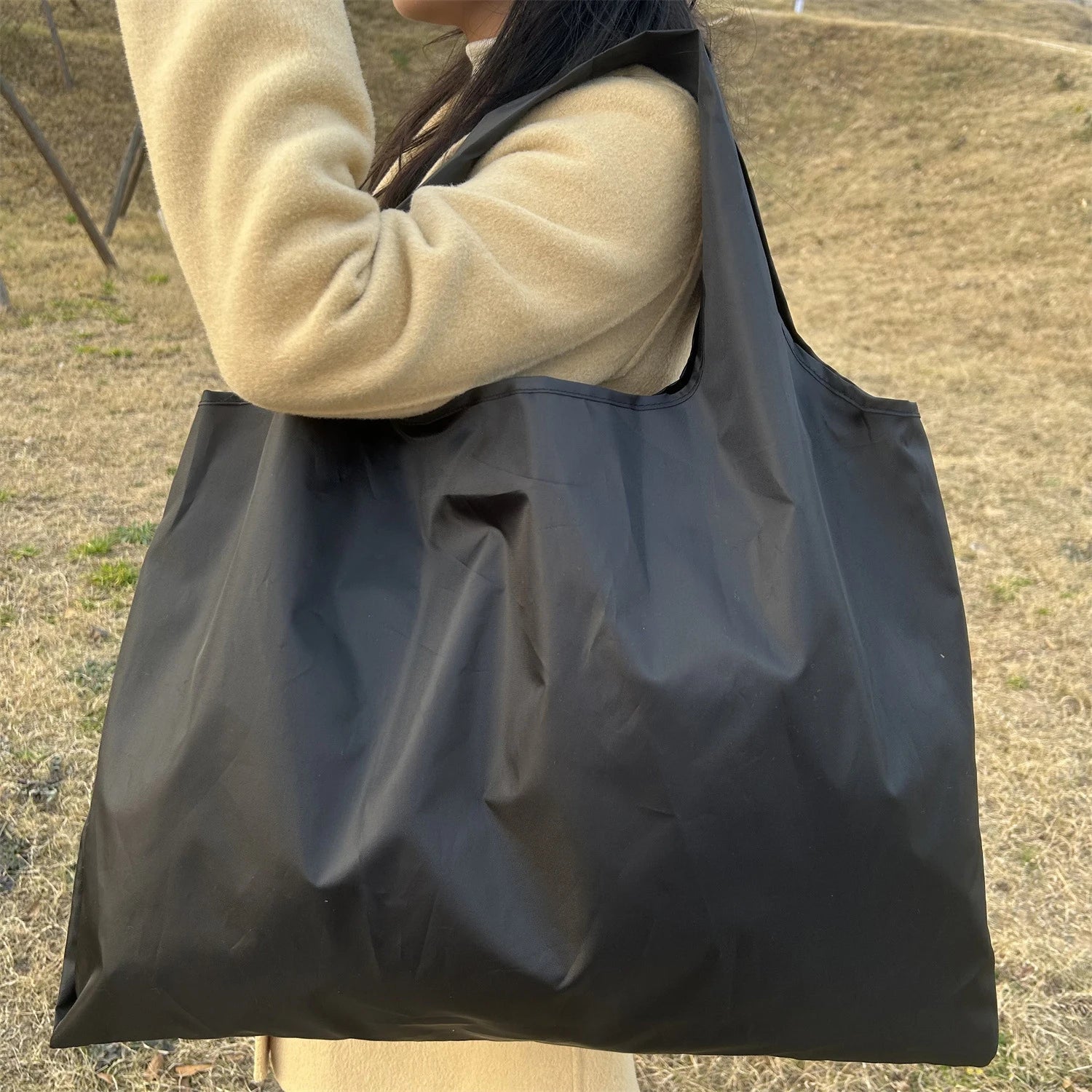 Big Size Thick Nylon Large Tote ECO Reusable Polyester Portable Shoulder Women's Handbags Folding Pouch Shopping Bag Foldable