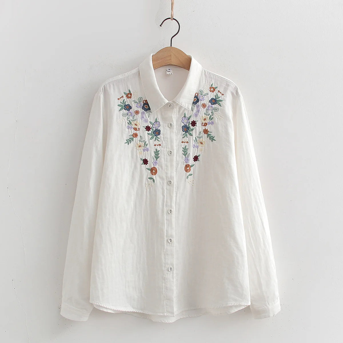 Spring Double 100% Cotton Yarn Shirts Women Turn-down Collar Loose Tops Girl Long Sleeve Embroidery Blouses Autumn