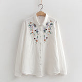 Spring Double 100% Cotton Yarn Shirts Women Turn-down Collar Loose Tops Girl Long Sleeve Embroidery Blouses Autumn