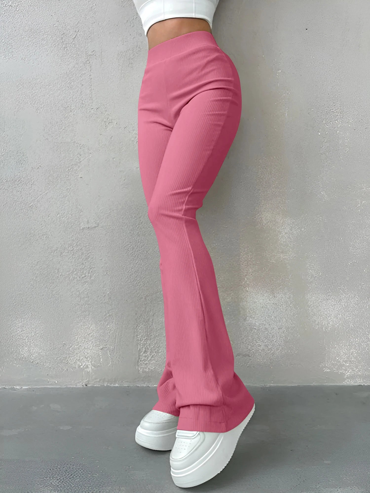 Women's Sexy Slim Pants Ribbed Solid Color Pants High Waisted Flared Pants Showing Longer Legs All-match Sports Long Pants