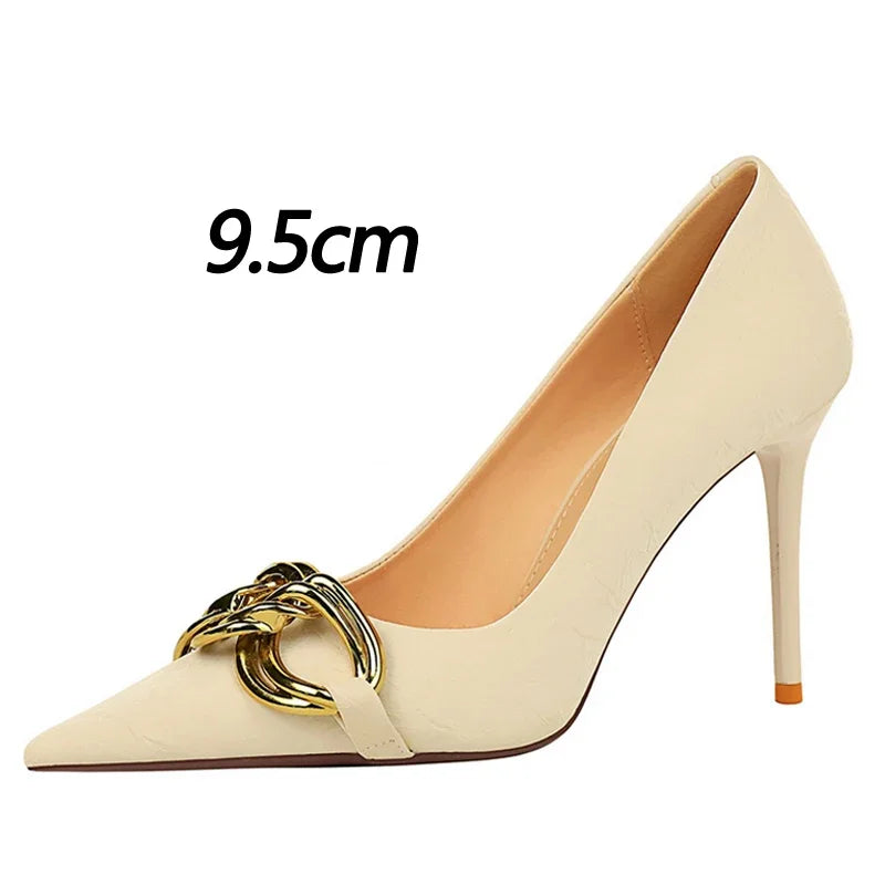 BIGTREE Women's Fashion Nude Metal Buckle Pumps High-Heels Sexy Party Stilettos Heels Office Spring Shoes