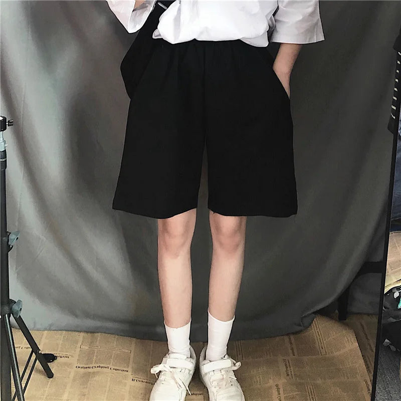 Summer Gray Shorts Women Fashion Ladies Elastic Waists Short Pants High waist Streetwear Wide-leg Oversize Simple Unisex Short