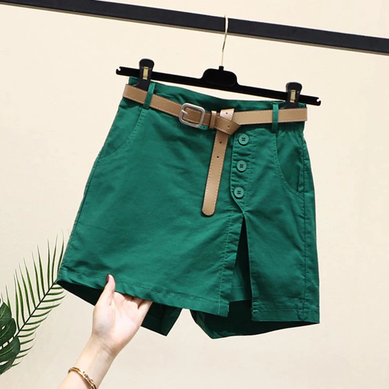 Chic Shorts Women Belt Korean Solid Buttons Side Slit A-line Streetwear Fashion Skirts Chic Harajuku Summer Loose Pants