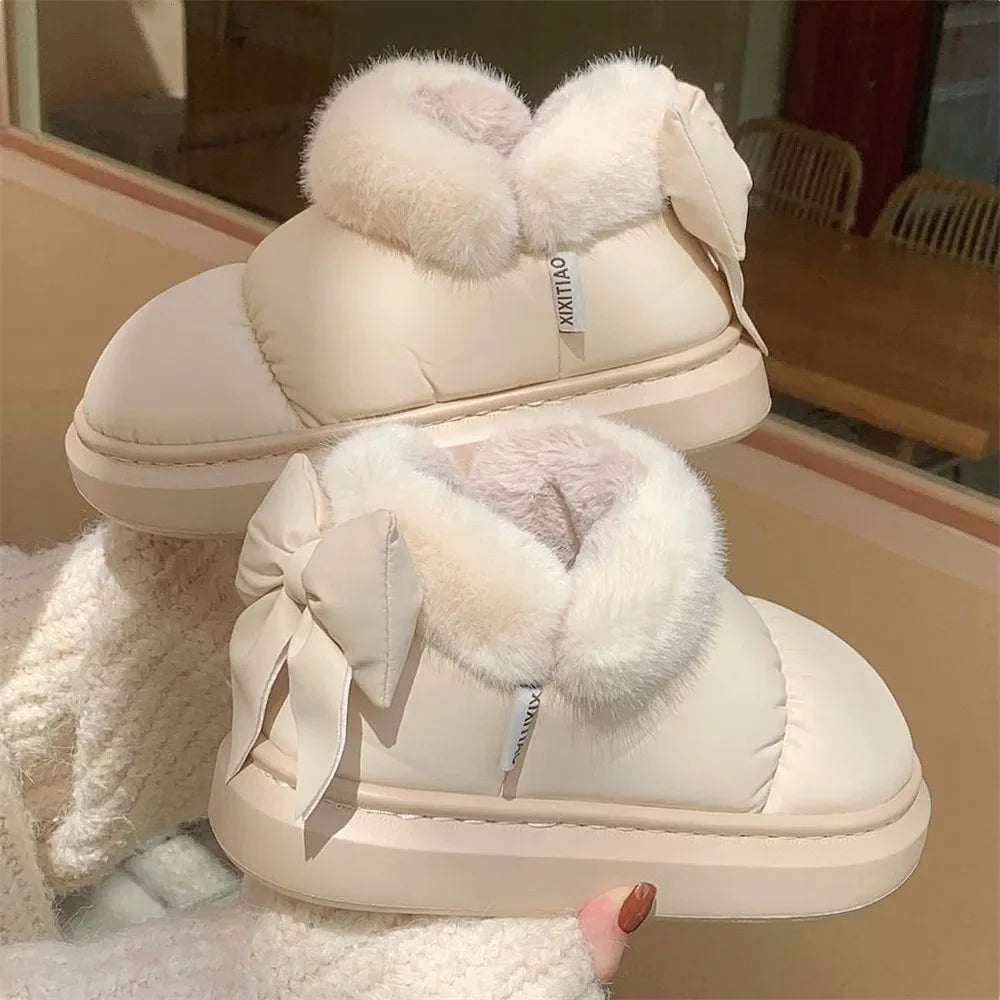 Cute Warm Ankle Boots Winter Women's Bow Warmth Plush Bow Cotton Shoes New Waterproof Down Cloth Short Barrel Snow Boots