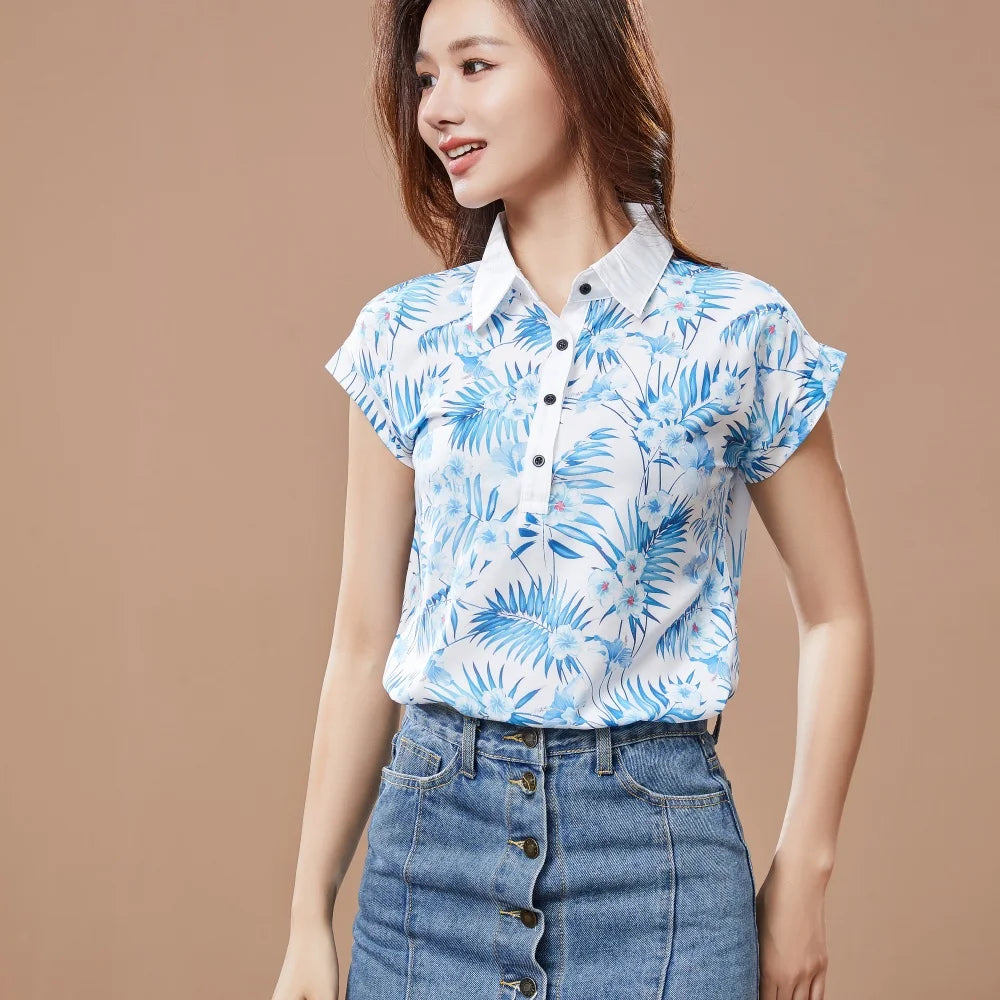 Women's Spring Summer Style Chiffon Blouses Shirt Lady Casual Short Sleeve Turn-down Collar Printed Casual Loose Tops