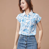 Women's Spring Summer Style Chiffon Blouses Shirt Lady Casual Short Sleeve Turn-down Collar Printed Casual Loose Tops