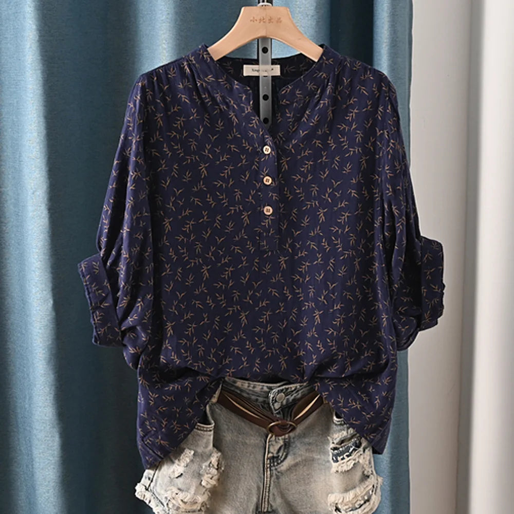 New Spring 100% Cotton Casual Shirt Women Batwing Sleeve Stand Collar Printed Top Girl OL Loose Blouses