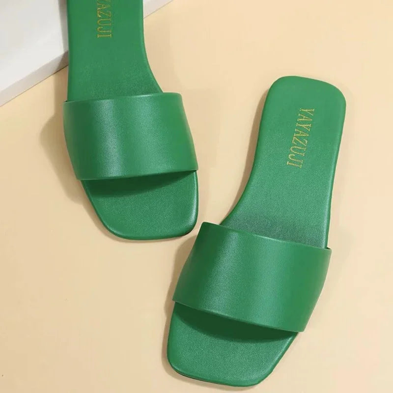 Fashion Minimalist Single Band Slide Sandals Solid Color Women Slippers Summer New Outdoor Sandy Beach Open Toe Flat Shoes