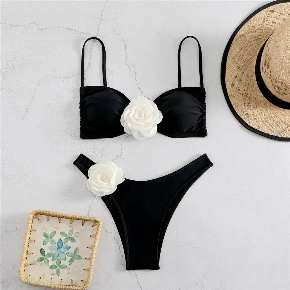 Sexy Flower Bandeau Swimwear Thong Bikini Women Lace-up Swimsuit Swimming Bathing Suit Brazilian Bikinis Sets Mujer Biquini