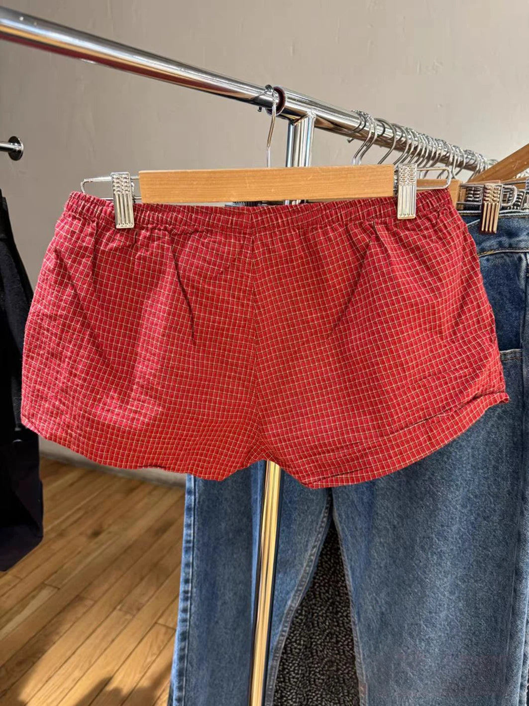 Red Plaid Straigth Shorts Women Summer Elastic Waist Buttons Casual Sweet Short Pant Cotton Y2k Pants Vintage Home Underwear