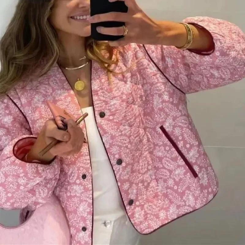 2024 Retro Winter Pink Flower Print Quilted Coat Ethnic Women V neck Quilting Full Sleeve Loose Oversized Jacket boho Outerwear