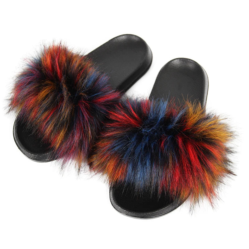 Summer Faux Fur Slippers Women Indoor Furry Fur Slides Female Plush Flip Flops Flats Sandals Casual Fluffy Slipper House Shoes