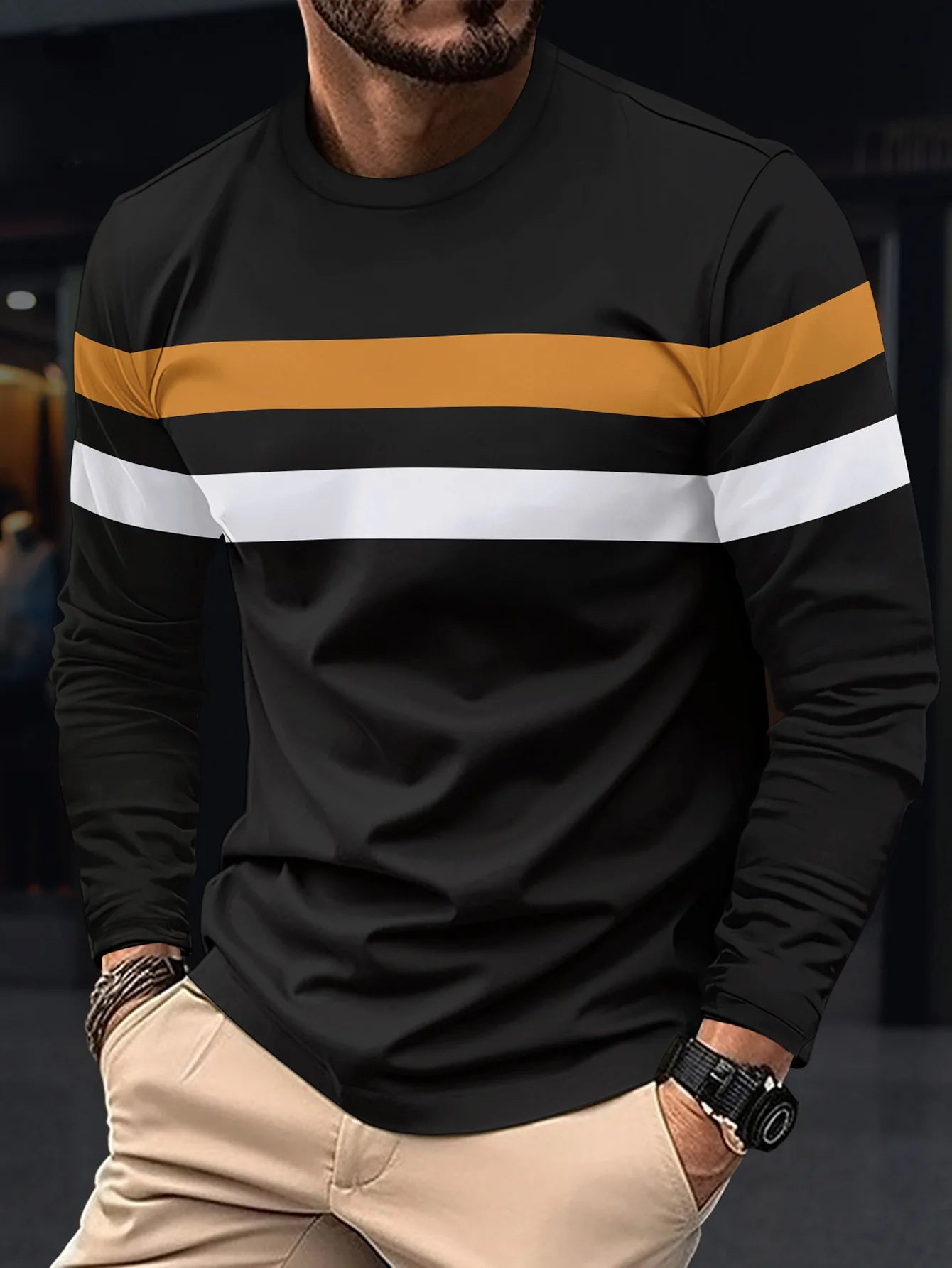 Spring and Autumn Fashion Men's Long Sleeve Round Neck Splicing T-shirt Business Anti Wrinkle Street Wear Casual Top