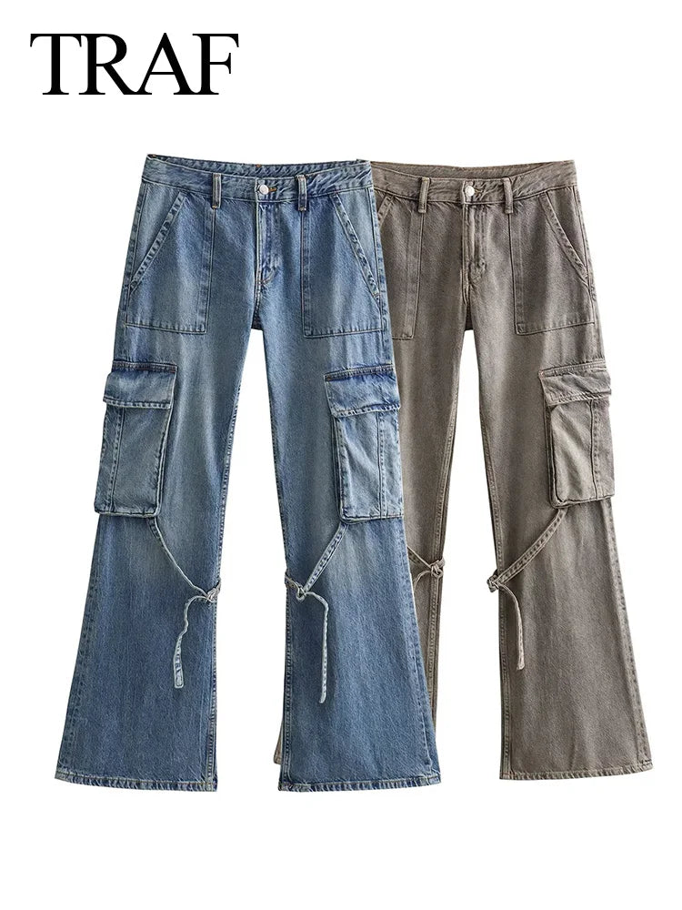 TRAF Autumn Fashion Casual Solid High Waist Trousers Female Denim Wide Leg Pants Y2K Jeans Women Long Cargo Pants Jeans