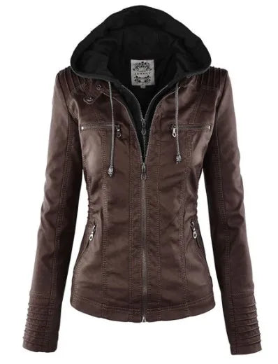 Faux Leather Jacket Women Khaki Winter Motorcycle Jacket Gothic Hoodies Outerwear Faux Leather PU Basic Jacket Coat