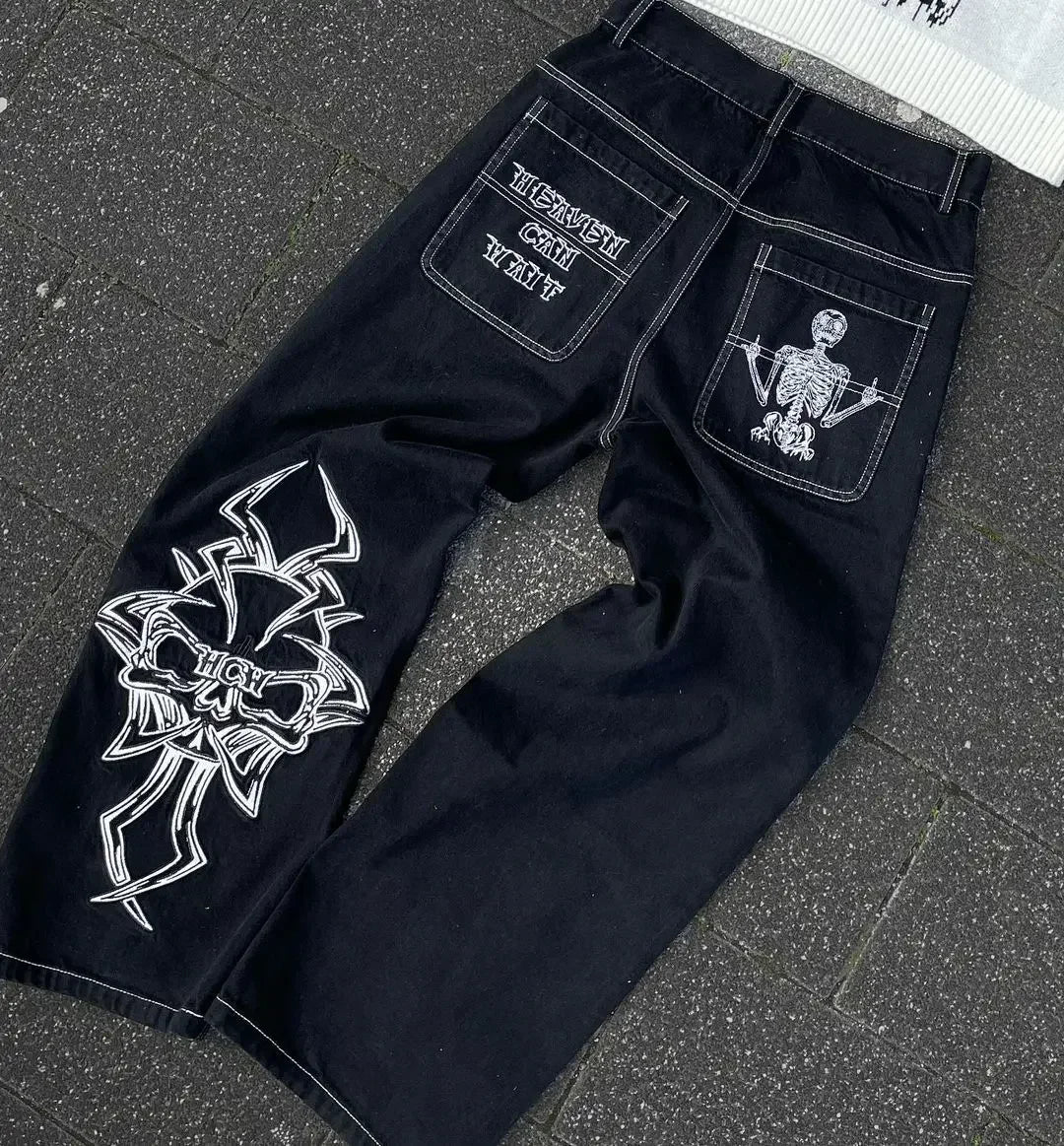 Y2K trendy retro classic pocket skull pattern straight denim trousers summer American Gothic washed wide-leg denim loose pants