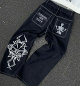 Y2K trendy retro classic pocket skull pattern straight denim trousers summer American Gothic washed wide-leg denim loose pants