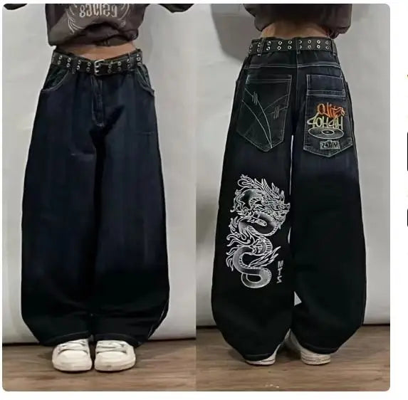 New American Harajuku retro skull print straight high waist Y2K women's washed grey jeans Streetwear Gothic wide trousers