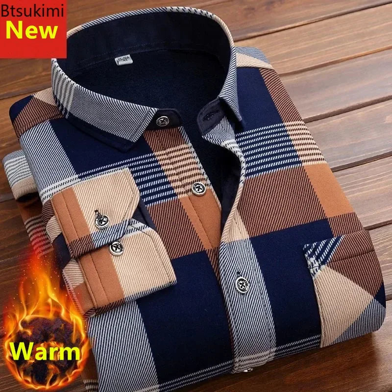 Men's Autumn Winter Casual Long Sleeve Plaid Shirt Thick Warm Men's Casual High-Quality Soft Large Size Warm Shirt Tops 4XL