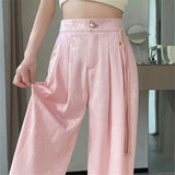 New Chinese Style Jacquard Wide Leg Satin Pants for Women Elegant Solid Office Lady Women's Casual Loose Pants Female