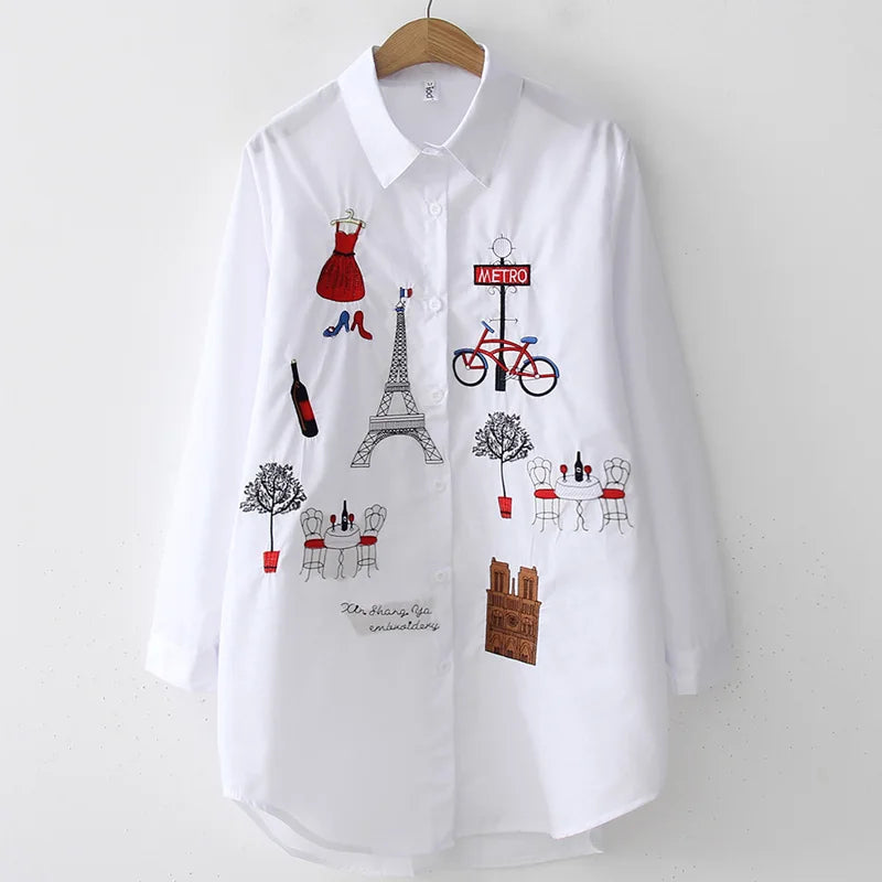 New White Shirt Casual Button Up Turn Down Collar Female Blouse Long Sleeve Cotton Blouse Embroidery Blouse Lady