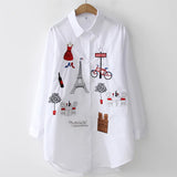 New White Shirt Casual Button Up Turn Down Collar Female Blouse Long Sleeve Cotton Blouse Embroidery Blouse Lady