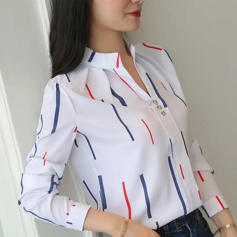 Women White Tops Blouses Fashion Stripe Print Casual Long Sleeve Office Lady OL Shirts Slim Blusas