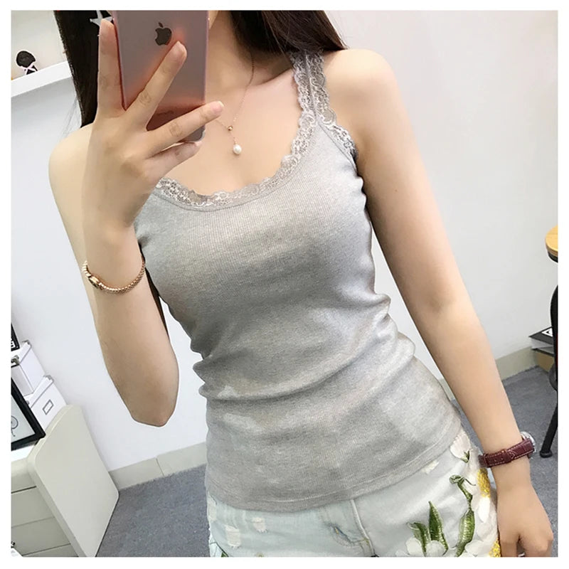 Tank Tops Women Summer O-neck Solid Color Female U-shaped Low Cut Lace Suspender Vest 2024 New Sleeveless Camisole For Ladies