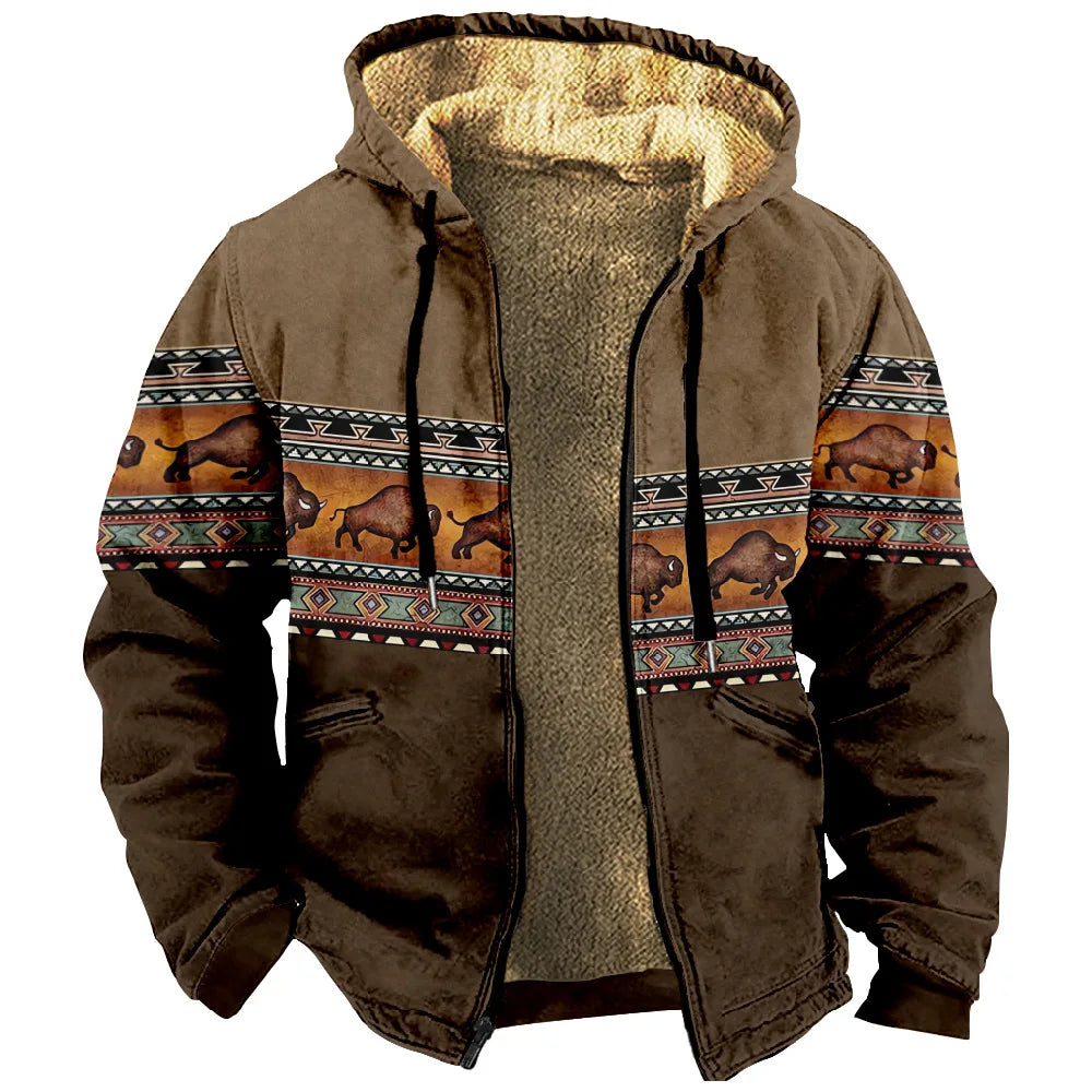 Vintage Winter Jackets for Men Bison Print Design Motorcycle Jacket Casual Long Sleeve Coats Male Versatile Hooded Sweatshirts