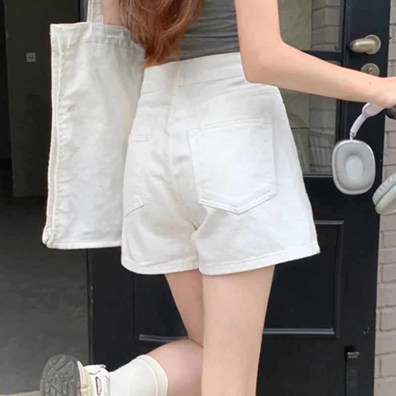 White Pink Denim Shorts Jeans for Women's Summer New High Waisted Design Pocket A-Line Slimming Loose Wide Leg Hot Short Pants