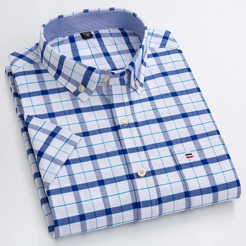 100% Cotton Men Oxford Shirt Short Sleeve Summer Plaid Striped Male Clothes Business Regular Fit Dress Shirt Oversized