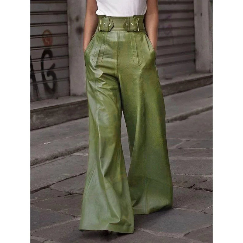 Modigirl Autumn Winter Women's Faux Pu Long Pants High Waisted Loose Pleated Pockets Streetwear Female Wide Leg Trousers