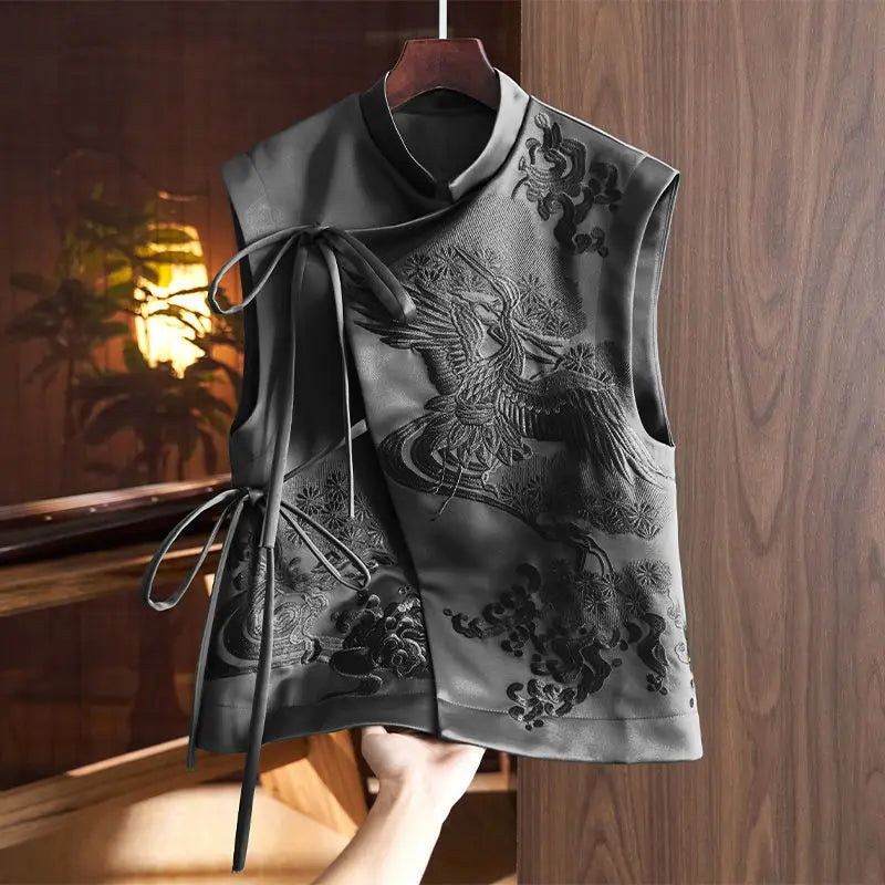 Chinese Style Top Women Tang Clothes Embroidery Phoenix Flower Qipao Lady Mandarin Collar Vest Vintage Clothing Casual Wear