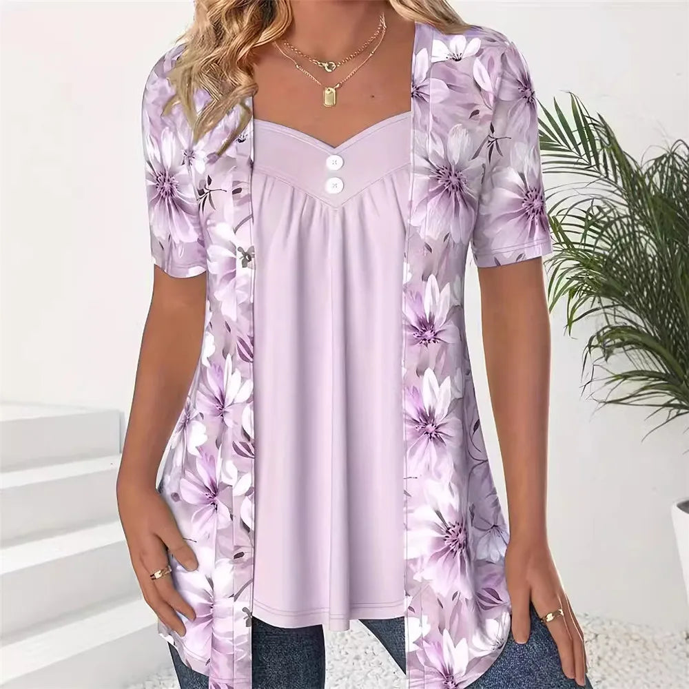 New Women T-Shirts Fashion Elegant Lady Two Pieces Flower Print Shirts Casual Short Sleeve Button Loose Tops Plus Size