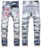 High Street Stretch Embroidery Men’s Jeans Ripped Streetwear Jeans Punk Style Pants for Man Slim Fashion Small Feet Men's Jeans