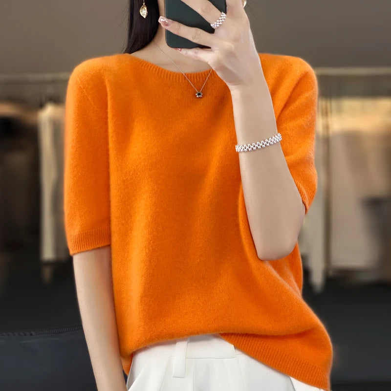 Fashion short half sleeve cashmere women's sweater 100% pure merino wool round neck pullover T-shirt