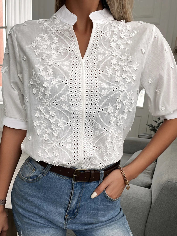 Summer Floral Embroidery Lace Blouse Fashion Women V Neck Casual Shirt Chic Short Sleeve Hollow Out Tops Elegant Blusas