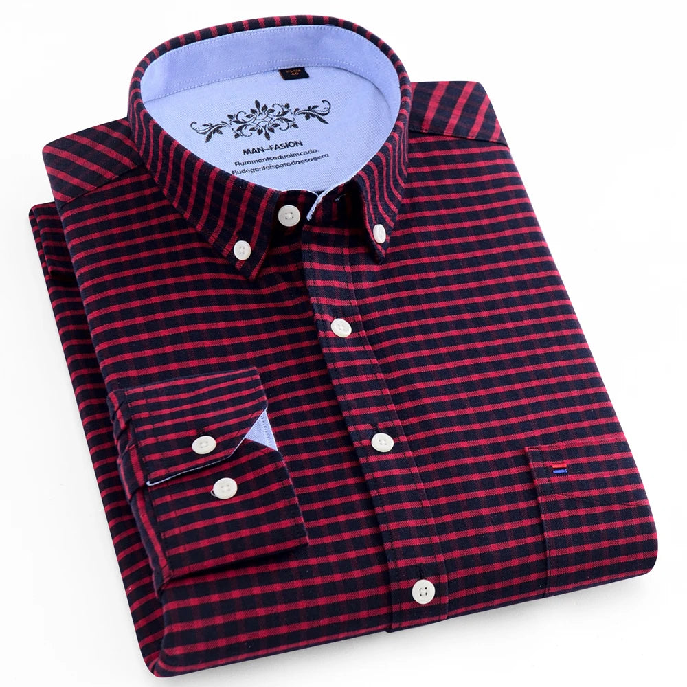 Men's Long Sleeve Oxford Plaid Striped Casual Shirt Front Patch Chest Pocket Regular-fit Button-down Collar Thick Work Shirts