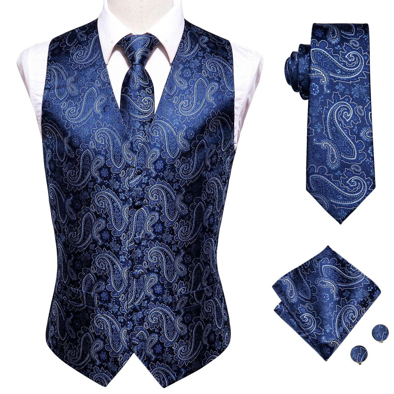 Wedding Purple Silk Men Vest Paisley Slim Fit Necktie Hankerchief Cufflinks Sets Male Sleeveless V-Neck Waistcoat Party Hi-Tie