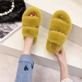 Fashion One Word Thick Fur Slippers Double Fur Slippers Casual Home Cotton Shoes for Women Flat Plush Cross Straps Slippers