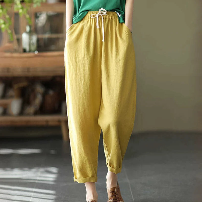 Rimocy Summer Casual Cotton Linen Pants Women Retro Pockets Loose Harem Pants Woman Solid Elastic Waist Trousers Female